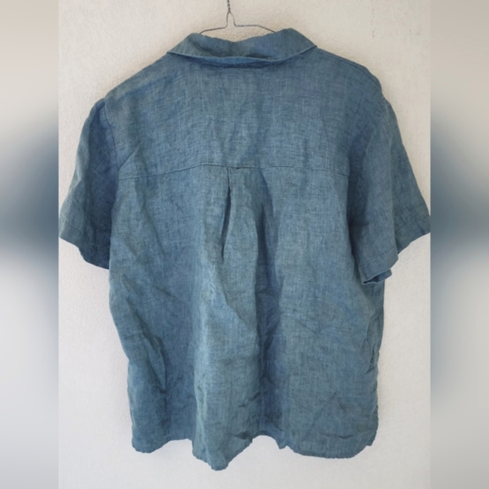 Eileen Fisher Women's Delave Blue Green Linen Sleeve Button Up Shirt Sz Medium - Picture 2 of 9